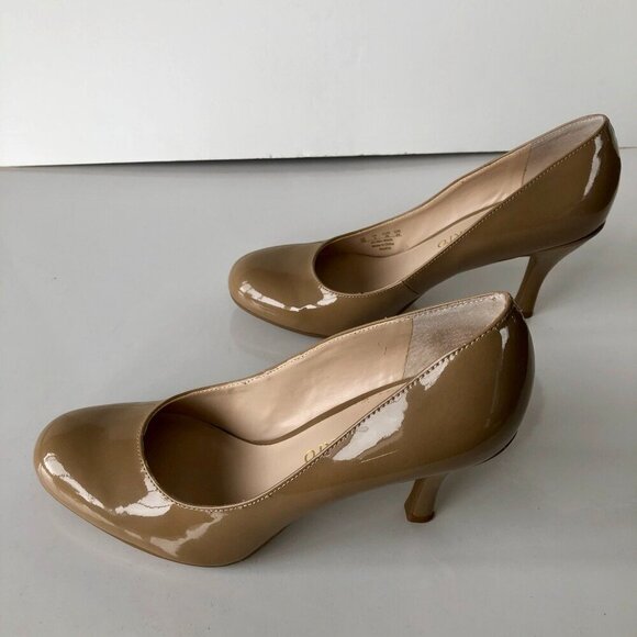 FRANCO SARTO manmade patent raisen tan nude taupe cushion 3.25" heel pumps US 7M - Picture 7 of 16